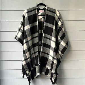 Pink Lily Black and White Plaid Poncho with Fringed Hem